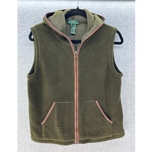 VTG Lauren Ralph Lauren Women's S Green Fleece Leather Trim Zip up Vest Hooded